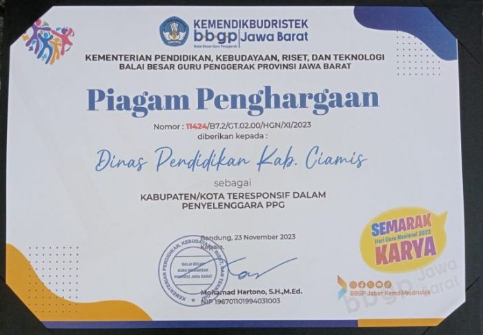 Disdik Ciamis Dinobatkan Sebagai Kabupaten/Kota Teresponsif Penyelenggaraan PPG 2023.