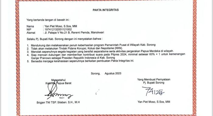 Dokumen Pakta Integritas Pj Bupati Sorong Beredar di Media Sosial, Terdapat 5 Poin yang Harus Dilakukan